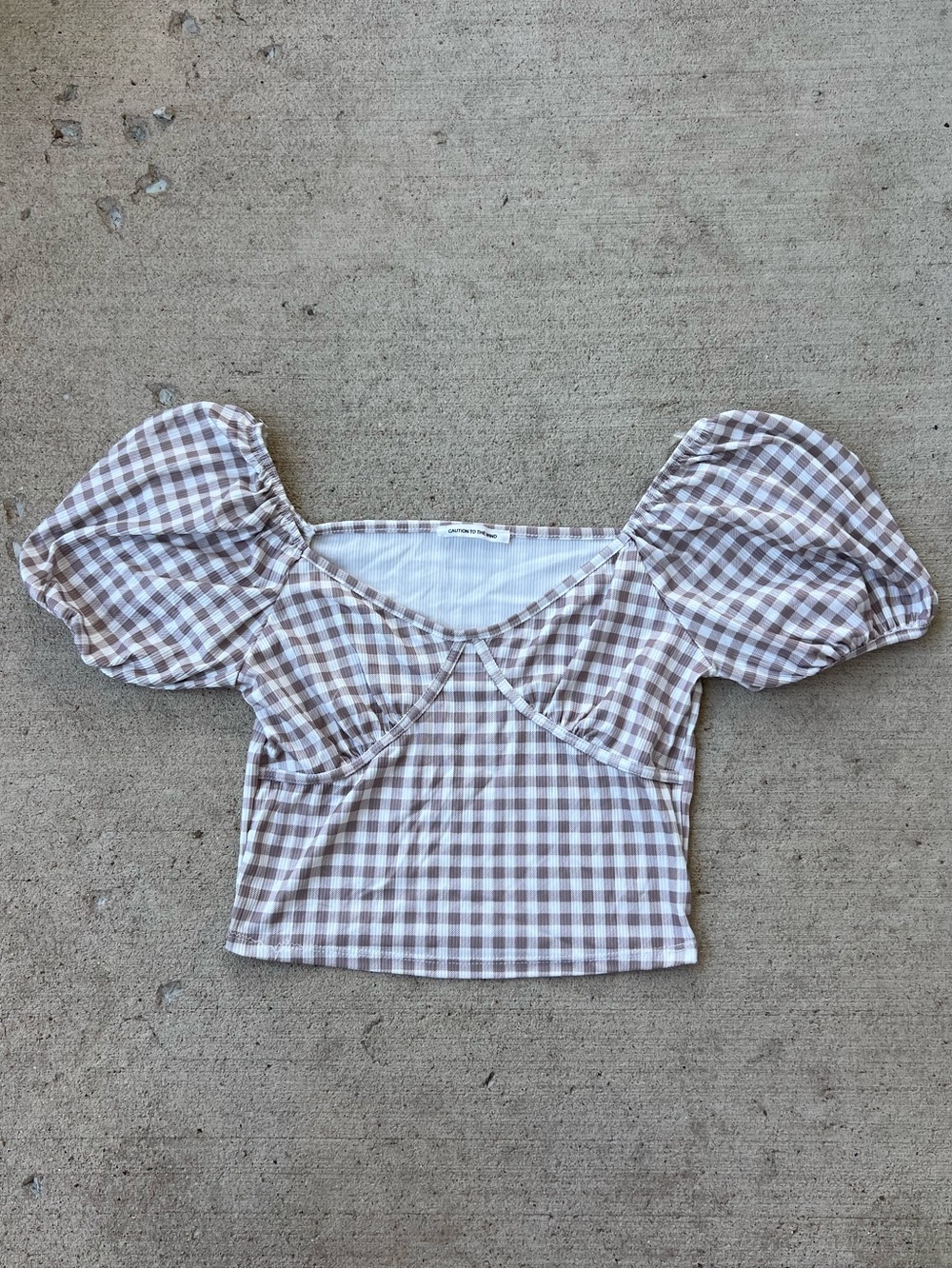 Caution To The Wind Gingham Puff-Sleeve Crop Top - Beige/White